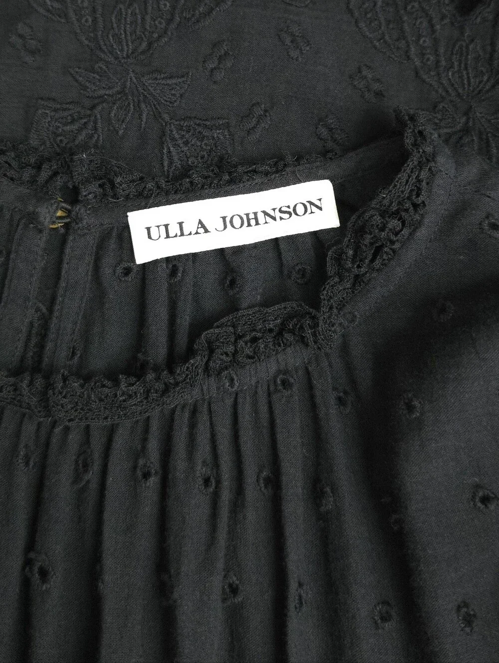 Ulla Johnson Black Sheer Swiss Dot Ruffle Neck Blouse